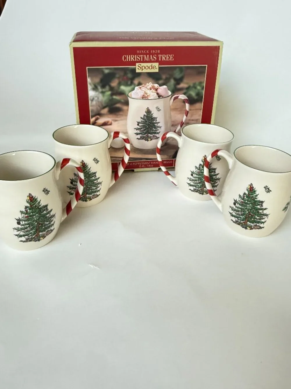 Spode Peppermint Handle Mugs Christmas Tree Set of 4 Candy Cane Santa 14 oz